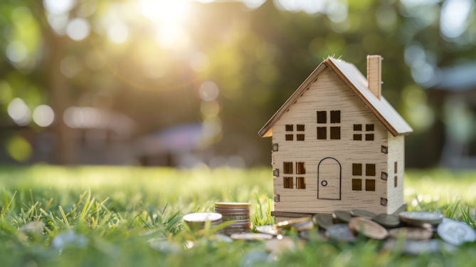 Model house on grass surrounded by coins.